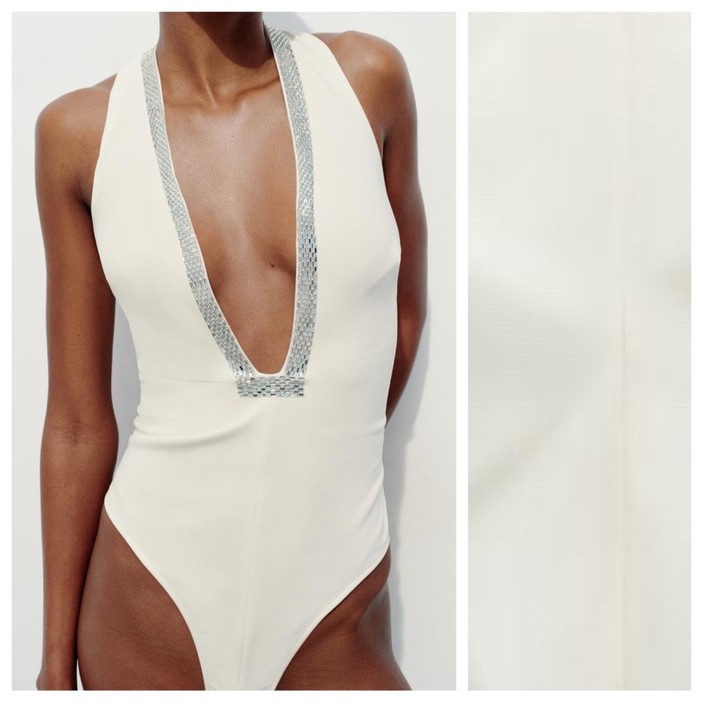 NWT. Zara White Jewel Sleeveless Fitted Bodysuit with Pronounced V-Neck Size XS.